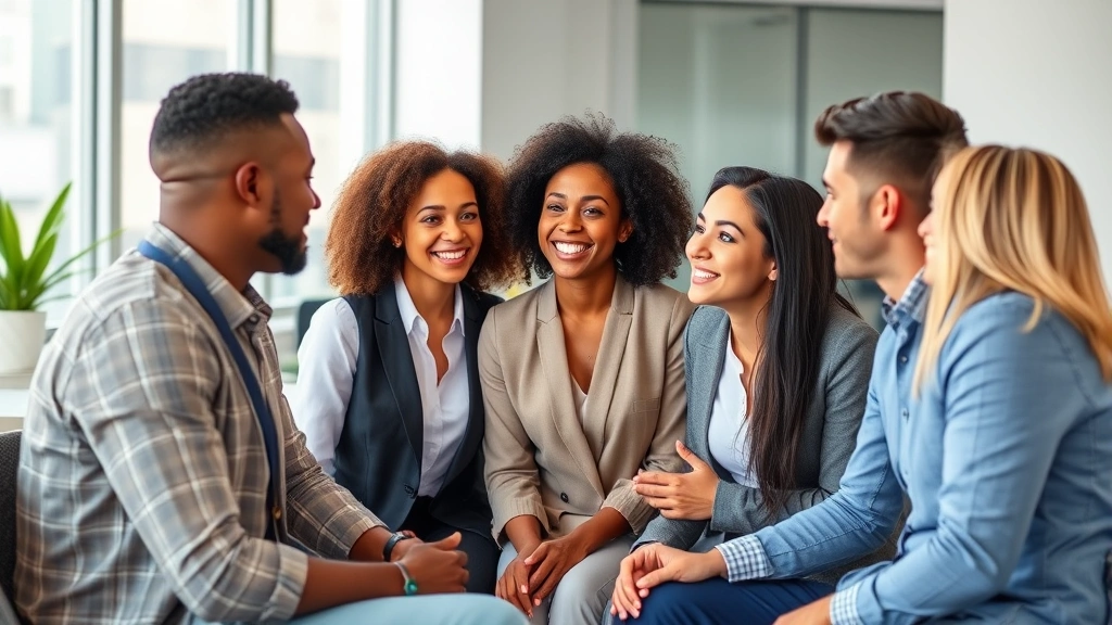 Diverse group of professionals in collaborative meeting, engaged conversation with genuine smiles, diverse team dynamics, modern office setting with natural lighting, representing social connections and workplace mental health benefits