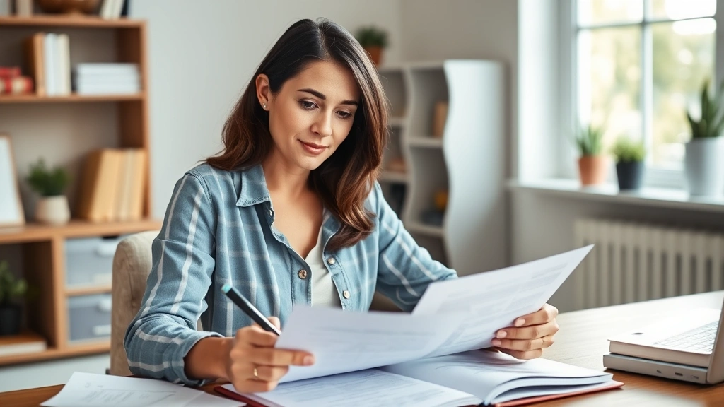 Confident woman reviewing financial documents at home office, calm focused expression, organized workspace with notebook and pen, natural lighting creating peaceful atmosphere, representing clear financial decision-making and mental clarity