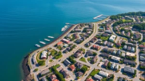 Aerial view of a thriving coastal peninsula town with waterfront properties, modern businesses, and green spaces, showing economic development and community growth