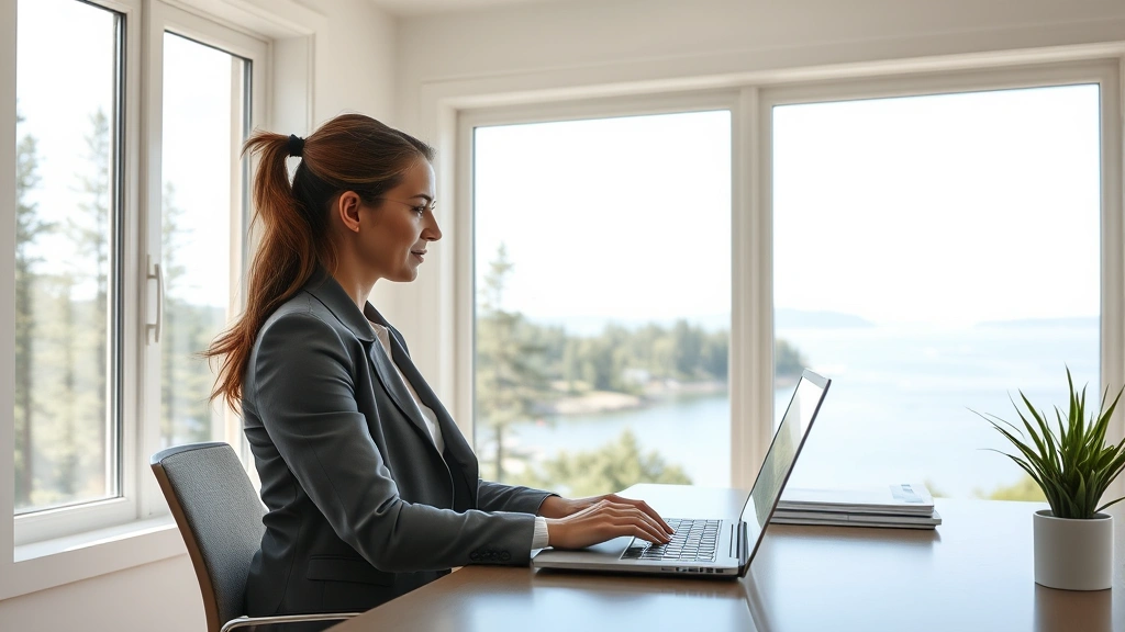 Professional woman working at a laptop in a bright home office overlooking a peaceful peninsula landscape with water and trees visible through windows