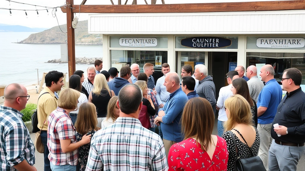 Diverse group of local entrepreneurs and professionals networking at an outdoor peninsula community event with coastal scenery and successful small business storefronts in background