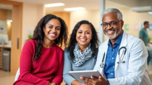 Professional healthcare provider consulting with diverse patient in modern clinic setting, warm lighting, both smiling, stethoscope visible, medical background blurred, representing accessible community healthcare