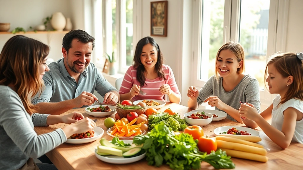 Family enjoying meal together at dining table with fresh vegetables and healthy foods, natural sunlight streaming through windows, relaxed atmosphere, demonstrating nutrition and wellness benefits