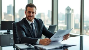 Professional real estate investor reviewing property documents at modern office desk with city skyline visible through windows, confident expression, natural lighting, wealth atmosphere