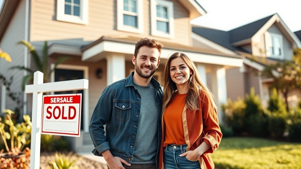 Diverse young couple standing in front of newly purchased home with sold sign, smiling genuinely, modern suburban neighborhood, afternoon sunlight, genuine happiness and accomplishment