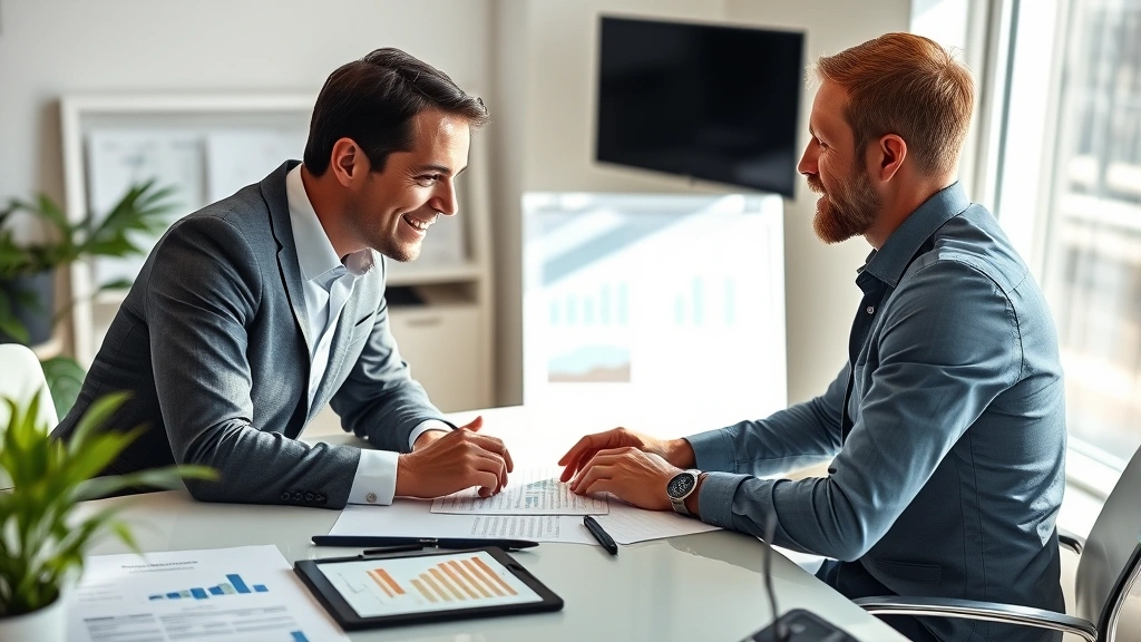 Financial advisor discussing investment portfolio with client in bright office setting, charts and graphs on desk, professional attire, collaborative atmosphere, natural window lighting