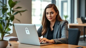 Professional woman sitting at desk with laptop displaying secure login screen, modern office environment with plant and natural lighting, confident expression focusing on device, cybersecurity concept