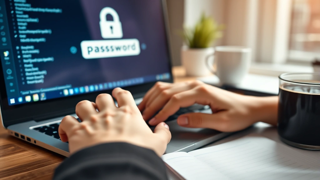 Close-up of hands typing secure password on keyboard, laptop screen glowing in background, modern workspace with notebook and coffee cup, secure technology environment