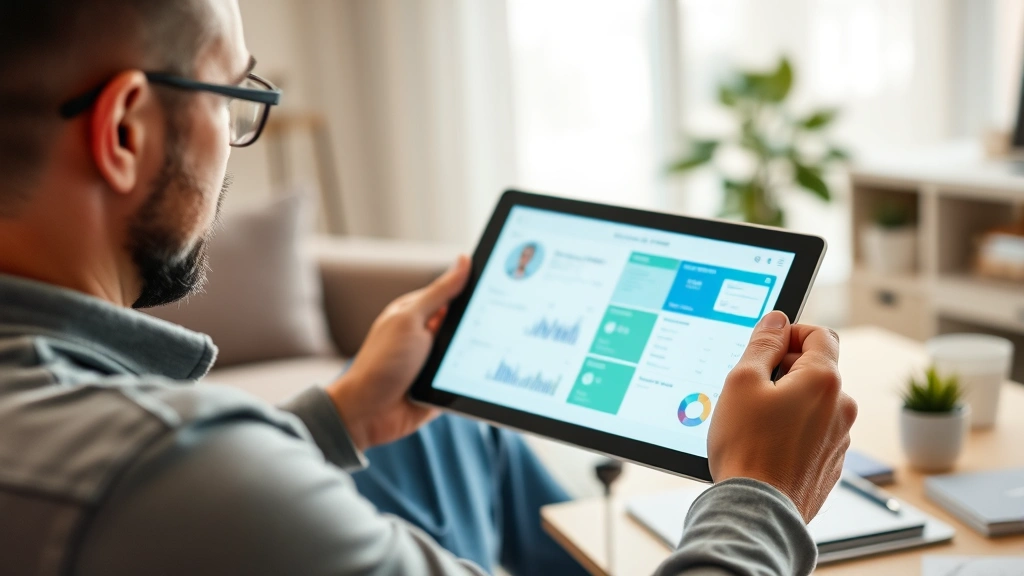 Man reviewing medical documents at home with tablet showing healthcare portal, comfortable living room setting with soft lighting, organized desk with healthcare information, patient engagement concept