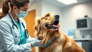 Professional veterinarian conducting thorough physical examination of healthy golden retriever in modern clinic, warm lighting, stethoscope visible, dog calm and relaxed