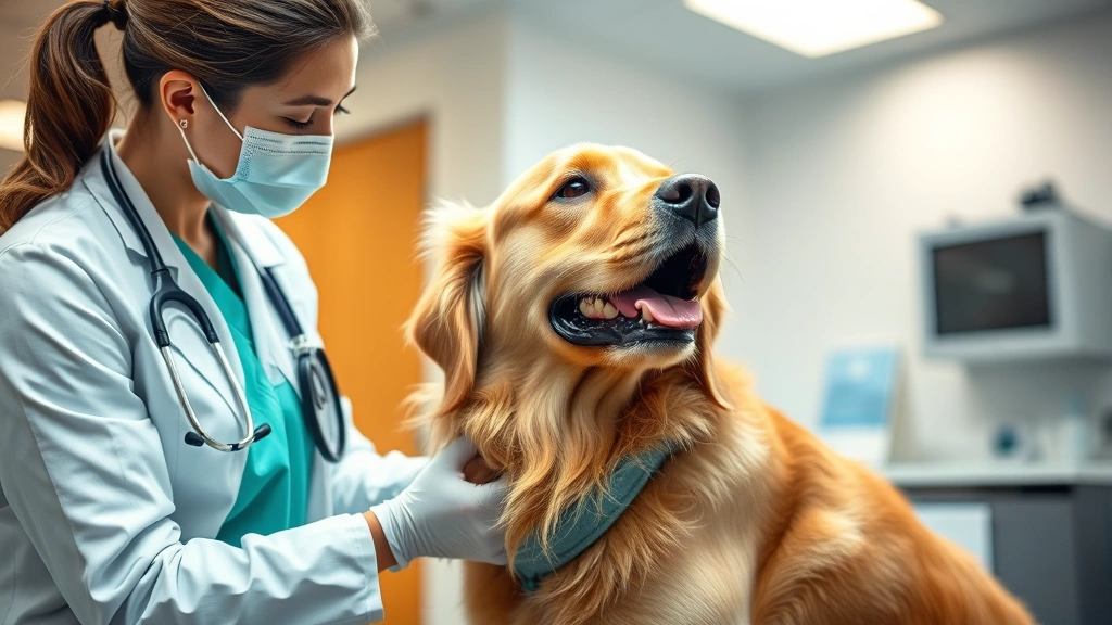 Professional veterinarian conducting thorough physical examination of healthy golden retriever in modern clinic, warm lighting, stethoscope visible, dog calm and relaxed