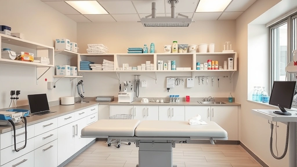 Veterinary clinic interior showing examination table, medical equipment, and supplies organized on shelves, clean modern facility with soft lighting