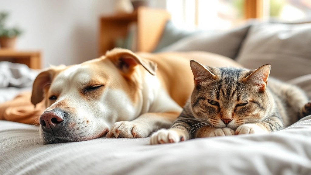 Senior dog and cat together peacefully resting on comfortable bed, showing healthy older pets in comfortable home environment, natural daylight