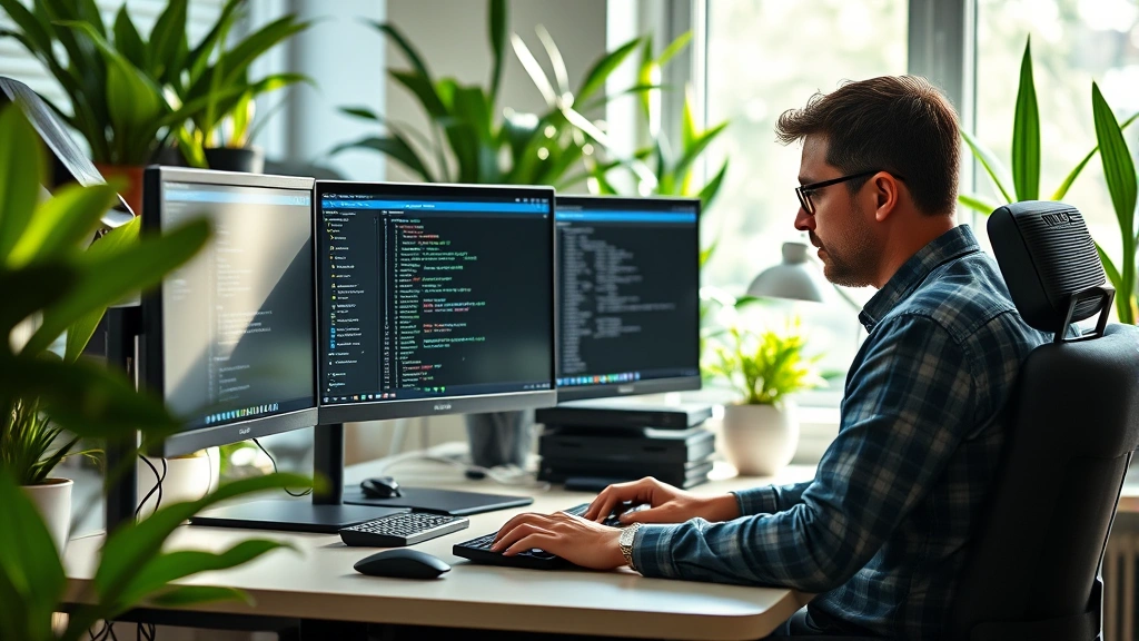 Professional PHP developer working at modern desk with multiple monitors, plants in background, peaceful expression, natural window light streaming in, ergonomic workspace setup, no text visible