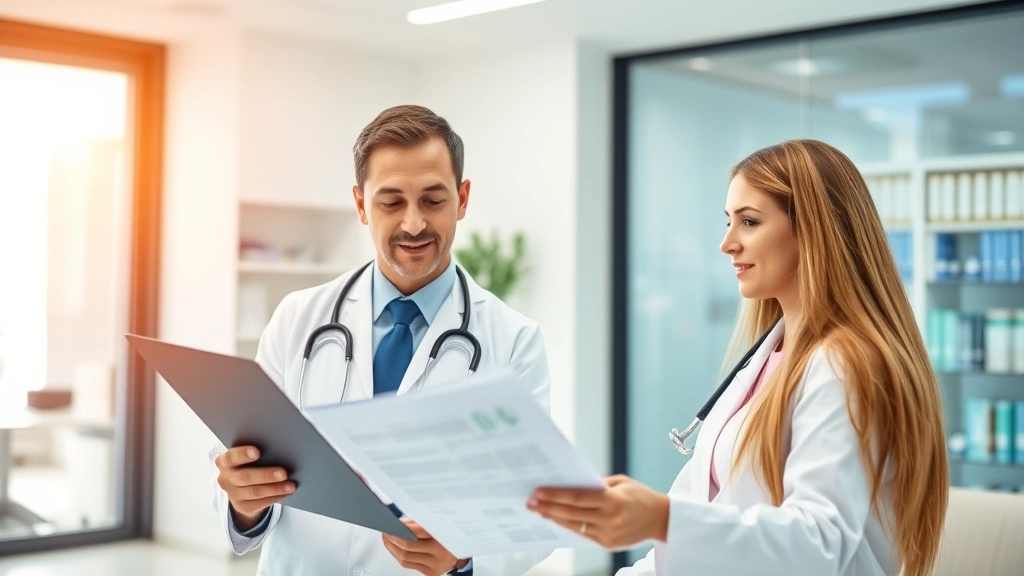 Professional healthcare consultation in modern clinic setting, doctor reviewing patient wellness records, bright medical office with health technology visible, confident patient and physician discussing preventive care plan