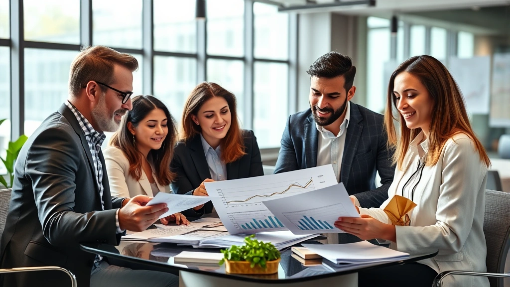 Diverse professional team in collaborative workspace, people reviewing financial charts and investment documents, modern office environment with natural light, positive energy indicating wealth building discussion and planning