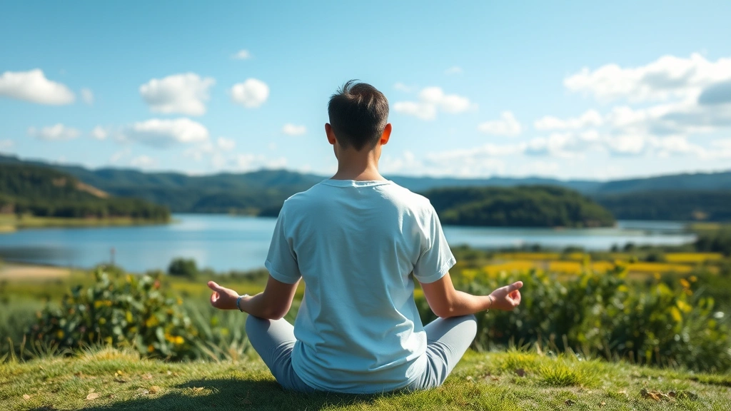 Person meditating peacefully in nature setting, surrounded by green landscape and calm water, serene atmosphere representing mental health and financial wellness, healthy lifestyle embodying balance between wellness and prosperity