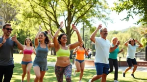 Diverse group of people exercising together in a community park on a sunny day, showing fitness and wellness engagement, healthy outdoor environment