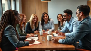 Professional diverse group of people in business casual attire having animated discussion around a wooden table with notebooks and coffee cups, warm office lighting, collaborative and engaged atmosphere