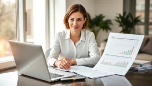 Professional woman reviewing financial charts and documents at modern desk, confident expression, natural lighting, organized workspace with laptop and notebook, wealth management focus