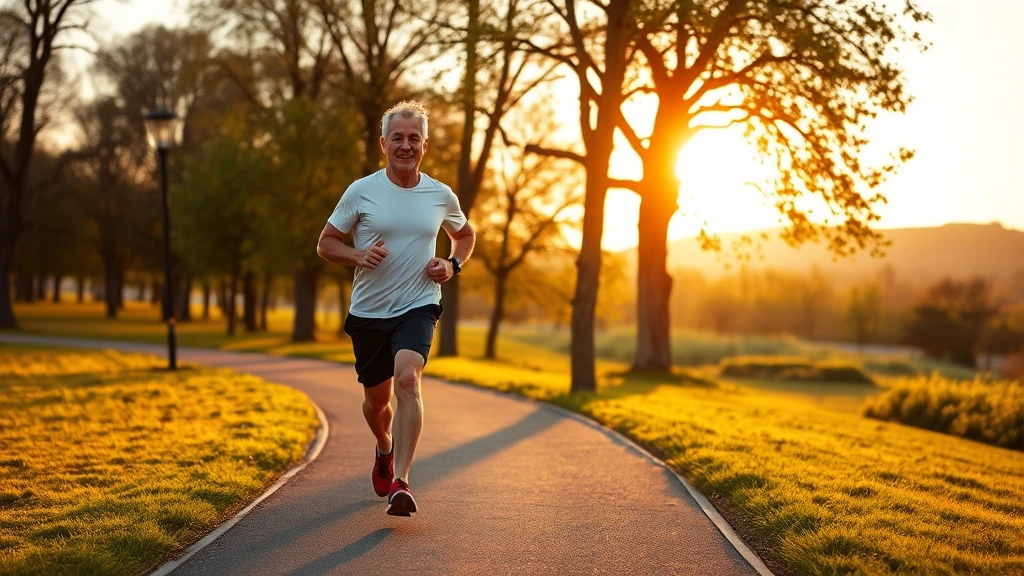 Fit mature adult jogging on scenic park path during golden hour, trees and natural landscape in background, healthy vitality and wellness embodied, peaceful outdoor environment