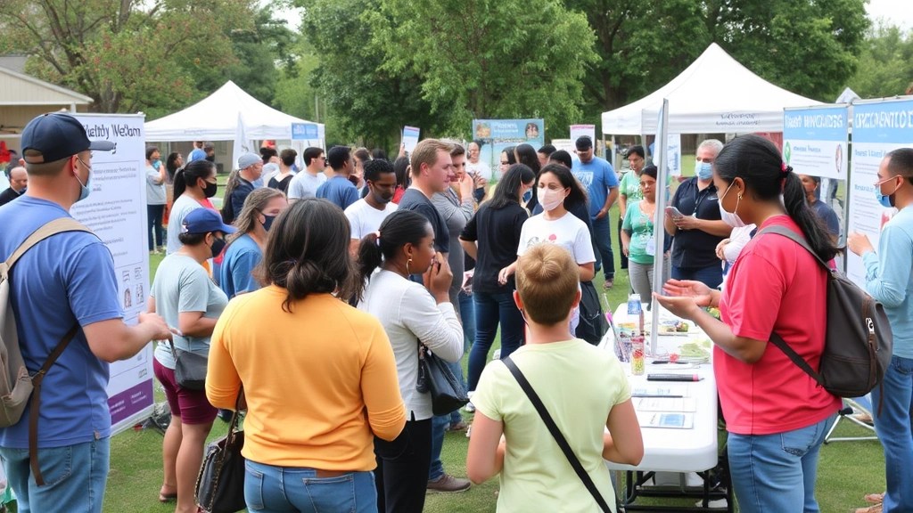 Community members gathered at outdoor wellness event with health screening booths and educational resources, showing collective health promotion and engagement