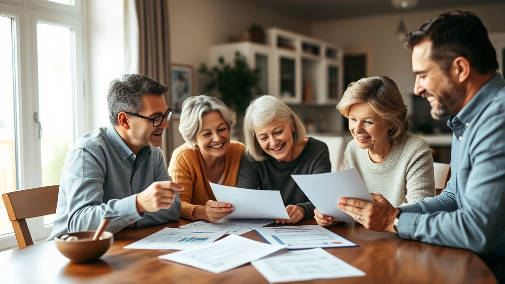 Multigenerational family sitting together reviewing financial documents and planning materials at home table, smiling and engaged, warm comfortable indoor setting with natural light
