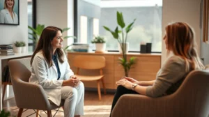 Professional therapist in modern clinical office conducting individual counseling session with patient in comfortable, welcoming setting with natural lighting and calming decor