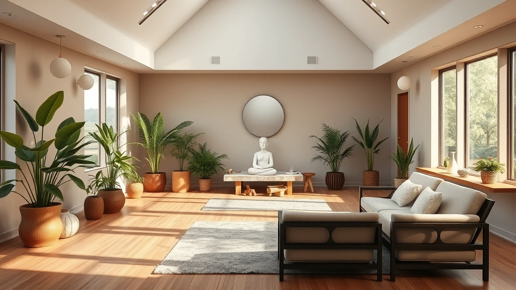 Peaceful wellness center interior with meditation space, comfortable seating, natural elements like plants, and soft natural lighting promoting healing and recovery