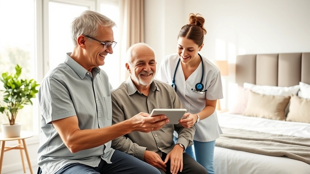 Affluent senior professional receiving care from female nurse in modern home setting, monitoring vital signs on digital device, bright natural light from windows, warm comfortable bedroom