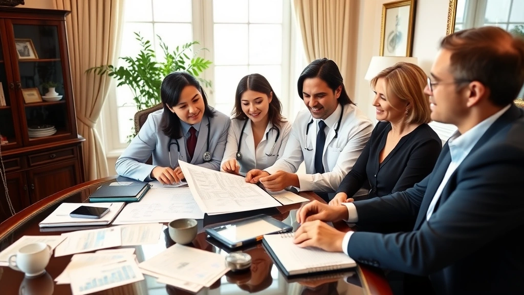 Diverse healthcare team in professional attire reviewing patient chart in elegant home office, financial documents and health records visible on table, collaborative meeting atmosphere