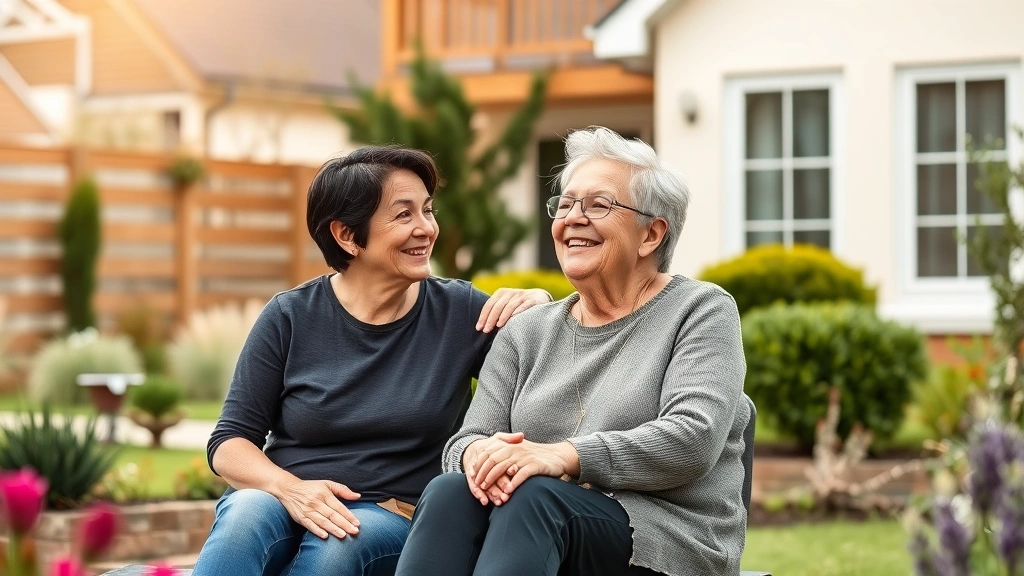 Healthy mature couple enjoying outdoor activity in garden, one person in comfortable clothes sitting with caregiver nearby, peaceful residential setting with modern home in background