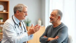 Professional healthcare provider conducting annual wellness examination with patient in modern medical office, stethoscope visible, both appearing engaged in preventive health discussion