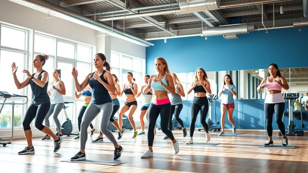 Diverse group of people exercising together in fitness class, showing active lifestyle and health commitment, bright natural lighting and modern gym equipment