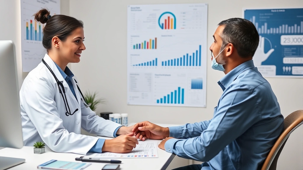 Healthcare professional reviewing health metrics and test results with patient at desk, charts and health data visible, collaborative preventive care planning