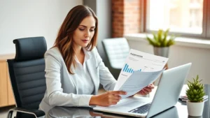 Professional woman reviewing financial documents and investment portfolio at modern desk with laptop, confident expression, natural lighting, warm office environment