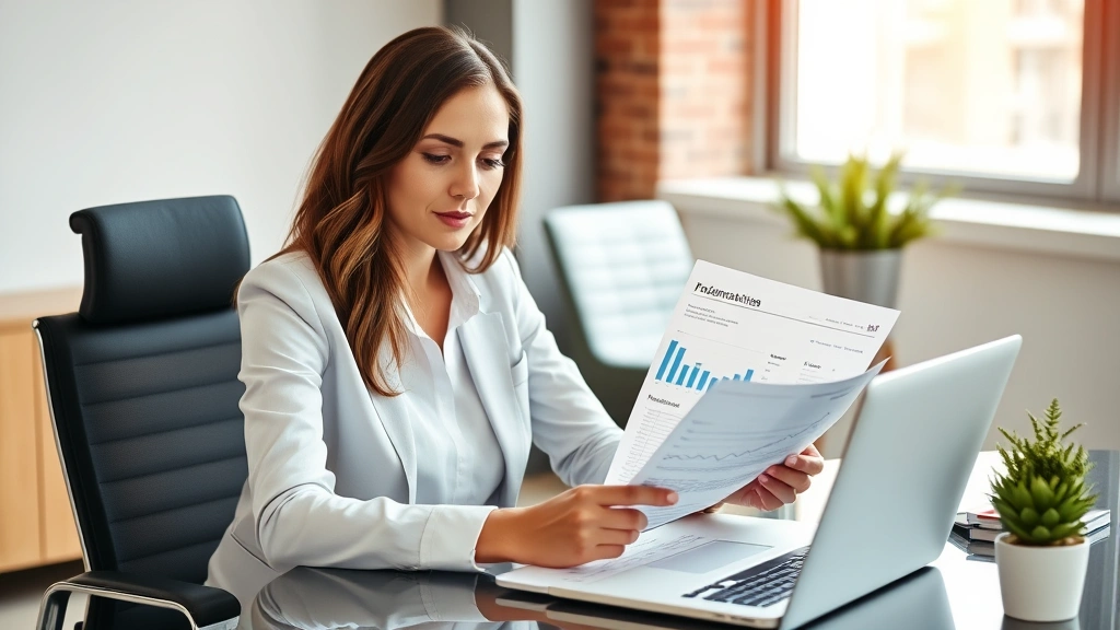 Professional woman reviewing financial documents and investment portfolio at modern desk with laptop, confident expression, natural lighting, warm office environment