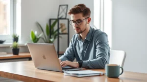 Professional freelancer working on laptop at modern desk with natural lighting, coffee cup nearby, focused expression, home office setup with plants and minimalist decor