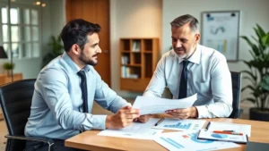 Professional financial advisor reviewing investment portfolio with client in modern office, charts and financial documents on desk, confident wealth-building discussion