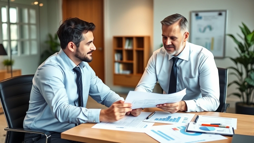 Professional financial advisor reviewing investment portfolio with client in modern office, charts and financial documents on desk, confident wealth-building discussion