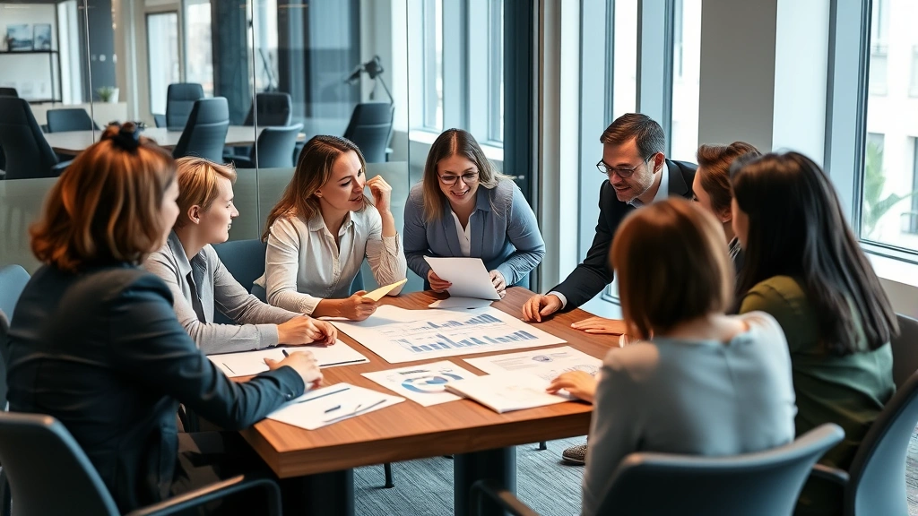 Diverse group of people in casual business attire discussing financial goals around a table with charts and planning materials, collaborative atmosphere, modern conference room