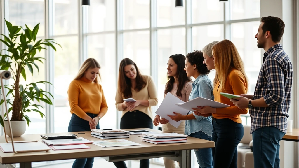 Diverse group of entrepreneurs collaborating at standing desk with charts and notebooks, discussing growth strategies, modern bright office space with large windows