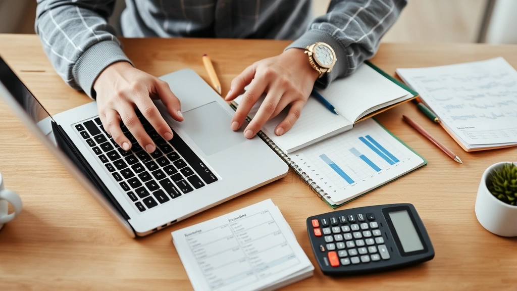 Person managing monthly budget using laptop and notebook, organizing finances with calculator nearby, focused on financial planning and expense tracking