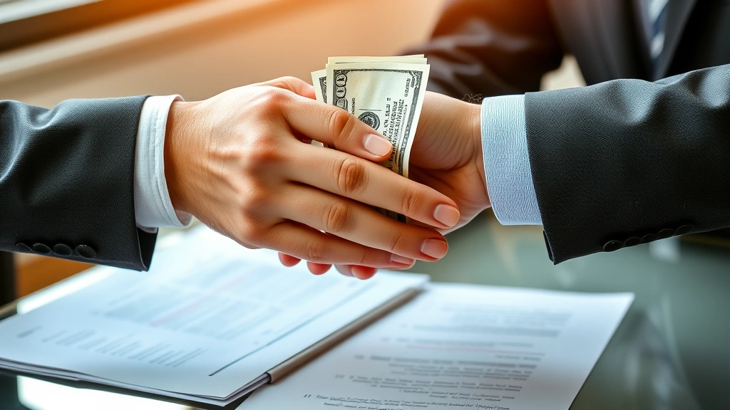 Close-up of hands exchanging money and documents, representing financial transactions and wealth building, professional setting, natural lighting emphasizing trust and transparency
