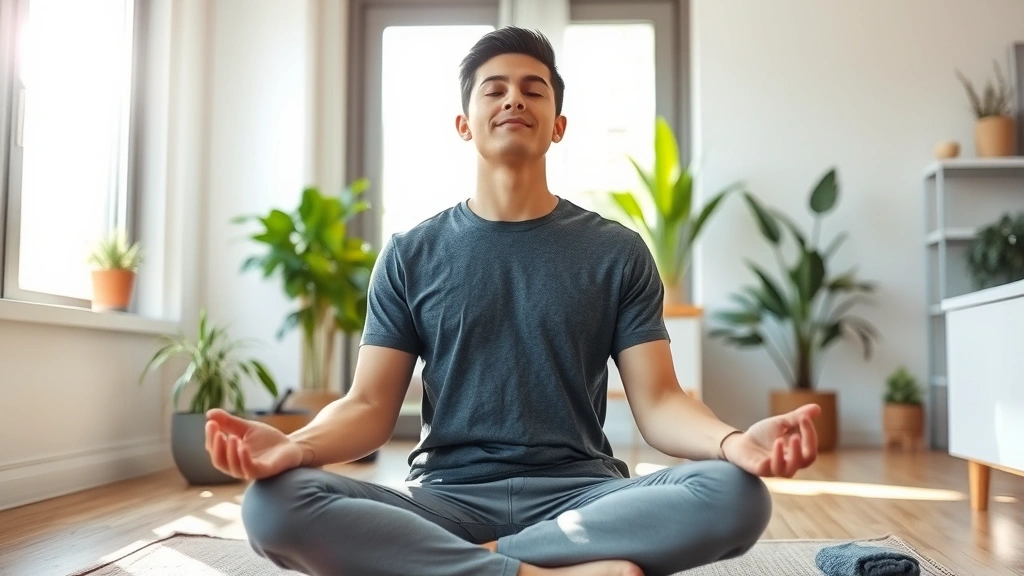 Young professional meditating peacefully in comfortable home environment, sunlight streaming through windows, relaxed posture, plants and wellness elements visible in background