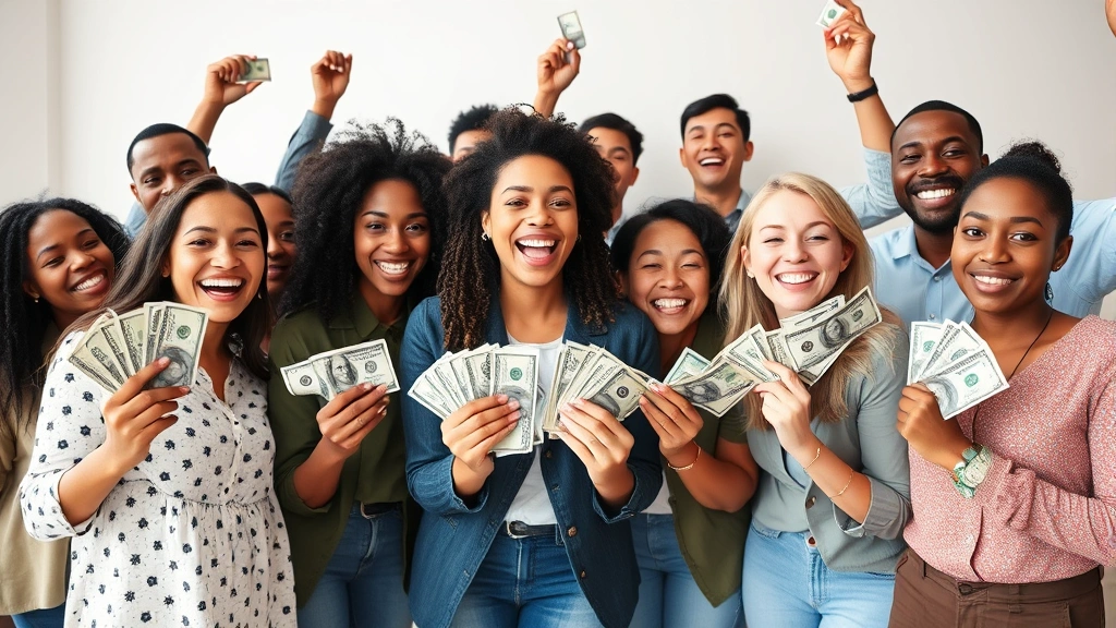 Diverse group celebrating financial milestone, holding dollar bills fanned out, joyful expressions showing successful wealth building achievement and financial freedom