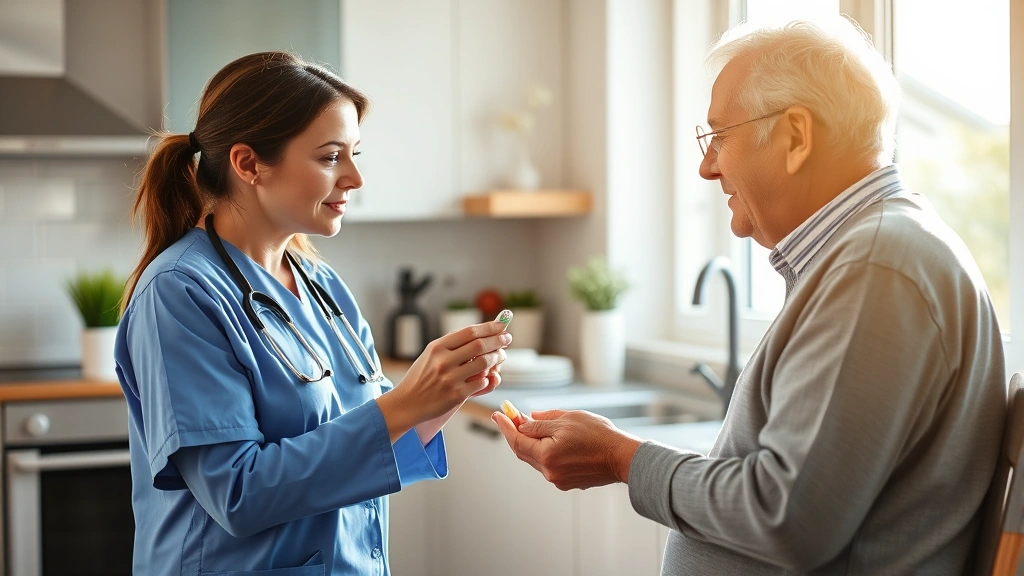 Professional home health care nurse assisting elderly patient with medication management in bright, modern residential kitchen with natural sunlight streaming through windows