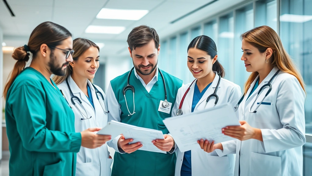 Diverse team of healthcare professionals in business casual attire reviewing digital tablet and charts in contemporary medical office, collaborative discussion atmosphere