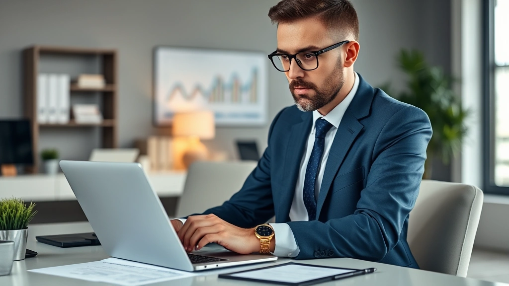 Successful entrepreneur in professional business attire reviewing financial reports and growth charts on laptop in modern home office with financial success indicators visible