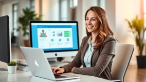 Professional woman sitting at desk with laptop, smiling while accessing healthcare portal on computer screen, modern office environment, warm lighting, focused on digital health management and patient empowerment